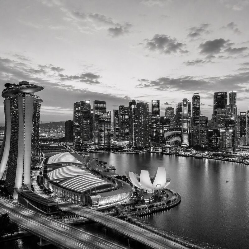 Southeast Asian financial district at dusk